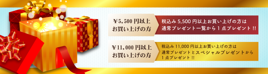 ￥5,500以上ご購入の方にはプレゼント一覧から商品をプレゼント!! ￥11,000以上ご購入の方はスペシャルプレゼント一覧からも商品を選択できます!!